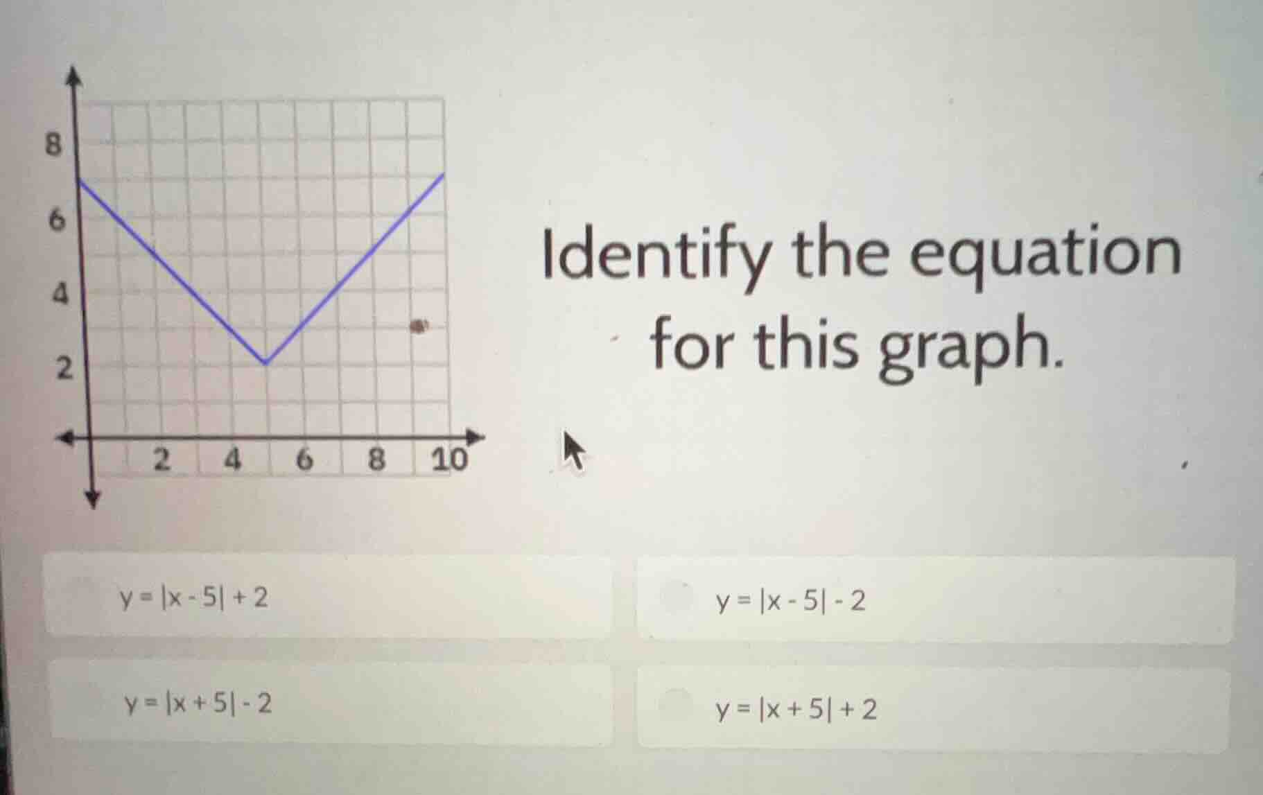 identify the equation for this graph. $y = |x - 5| + 2$ $y = |x - 5| - …