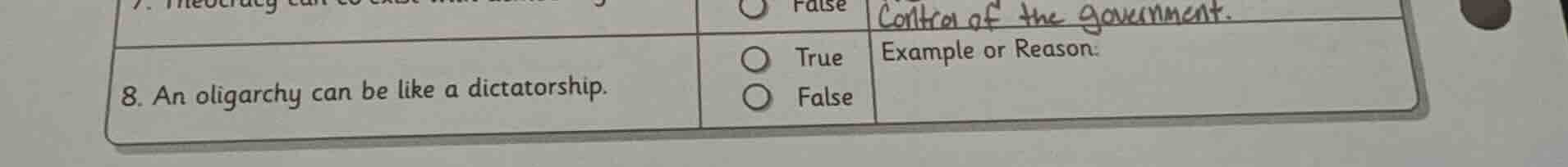 8. an oligarchy can be like a dictatorship. options: true, false exampl…