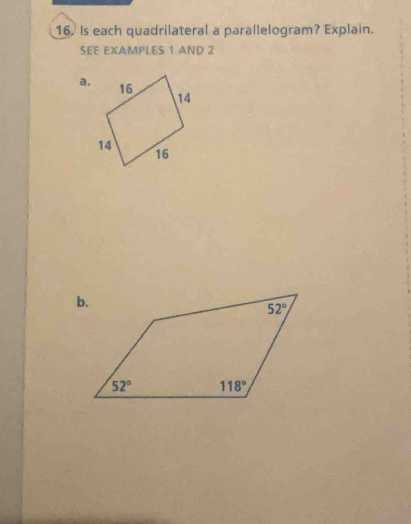 16. is each quadrilateral a parallelogram? explain. see examples 1 and …