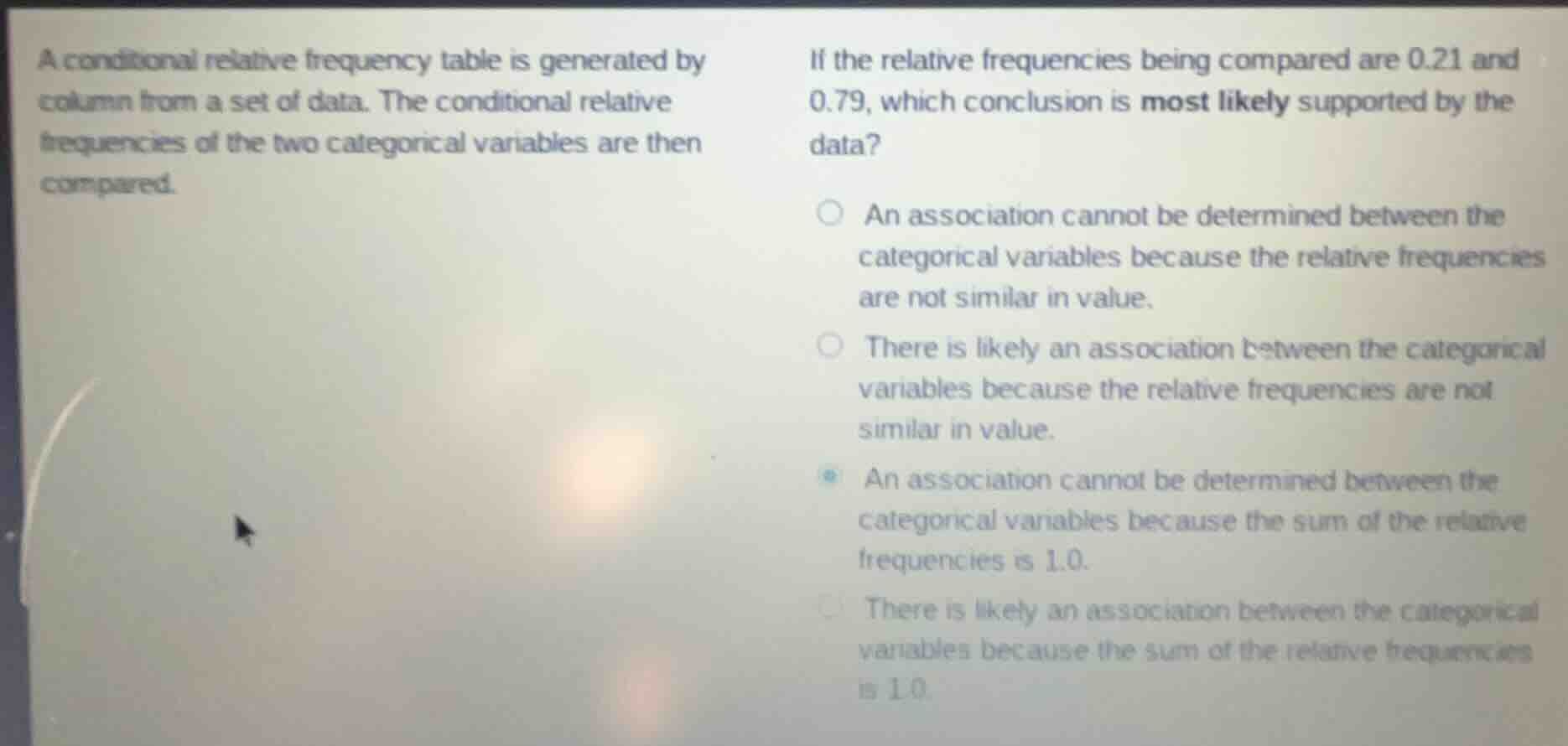 a conditional relative frequency table is generated by column from a se…