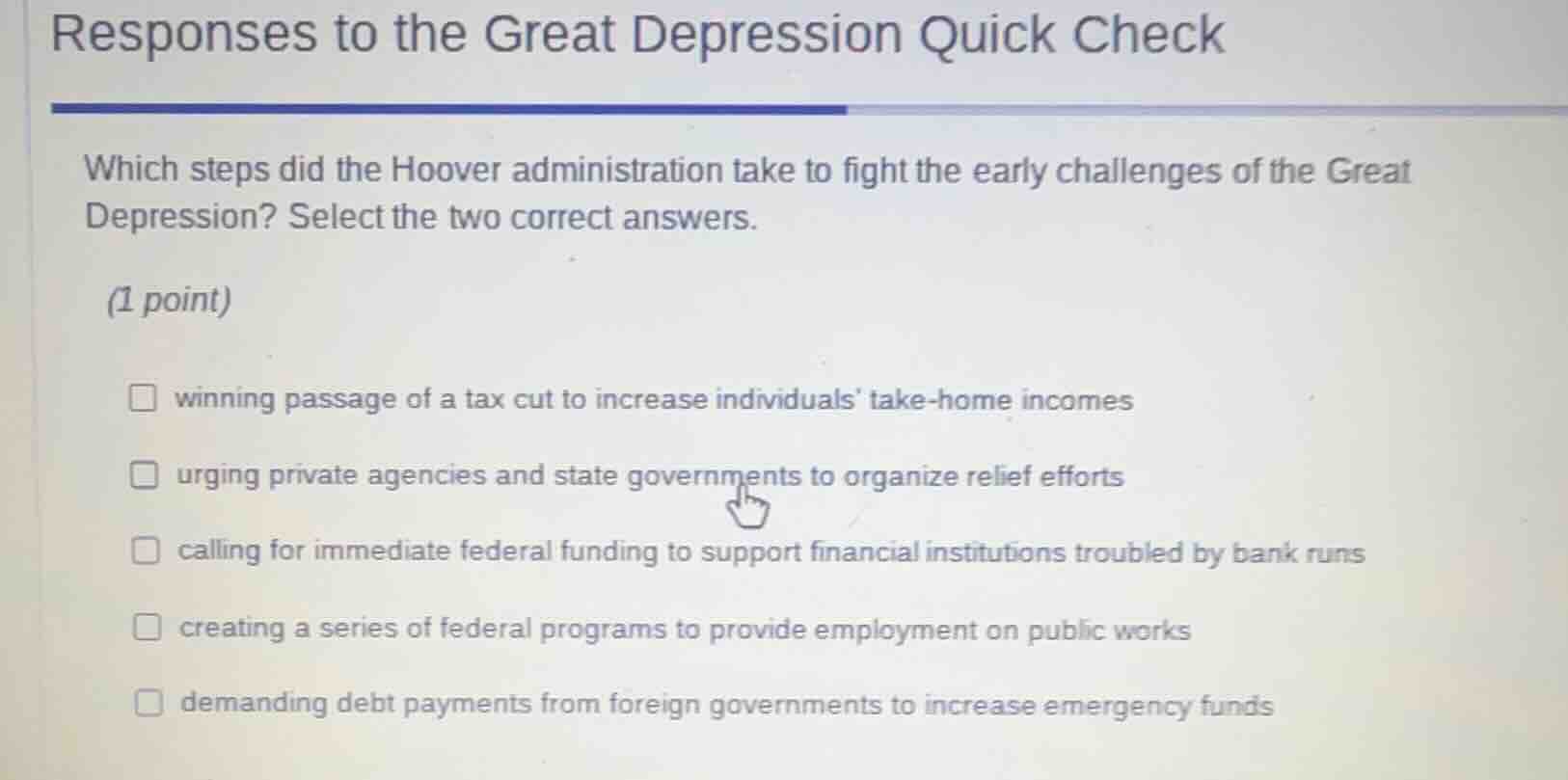 responses to the great depression quick check which steps did the hoove…