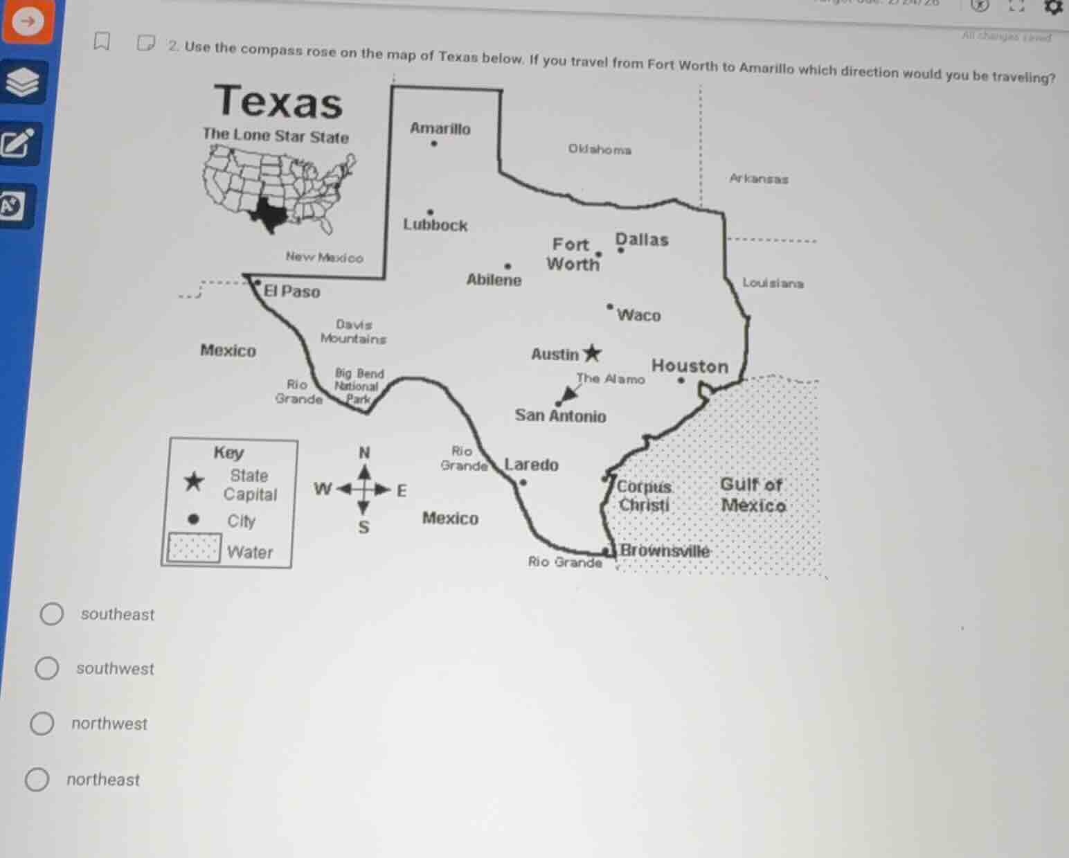 2. use the compass rose on the map of texas below. if you travel from f…