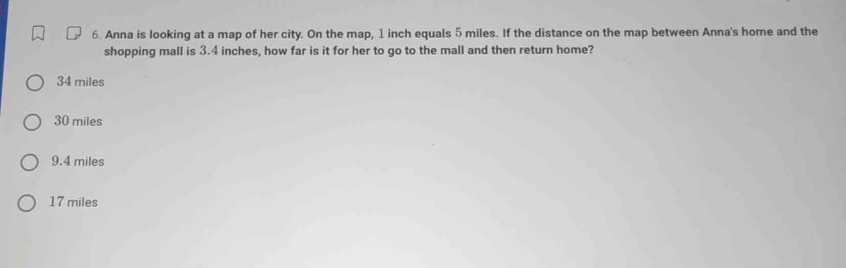 6 anna is looking at a map of her city. on the map, 1 inch equals 5 mil…