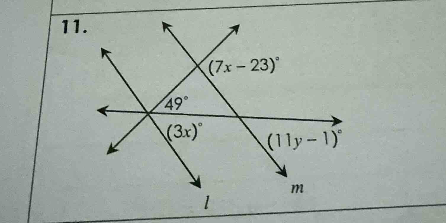 11. there is a diagram with intersecting lines. one angle is 49°, anoth…
