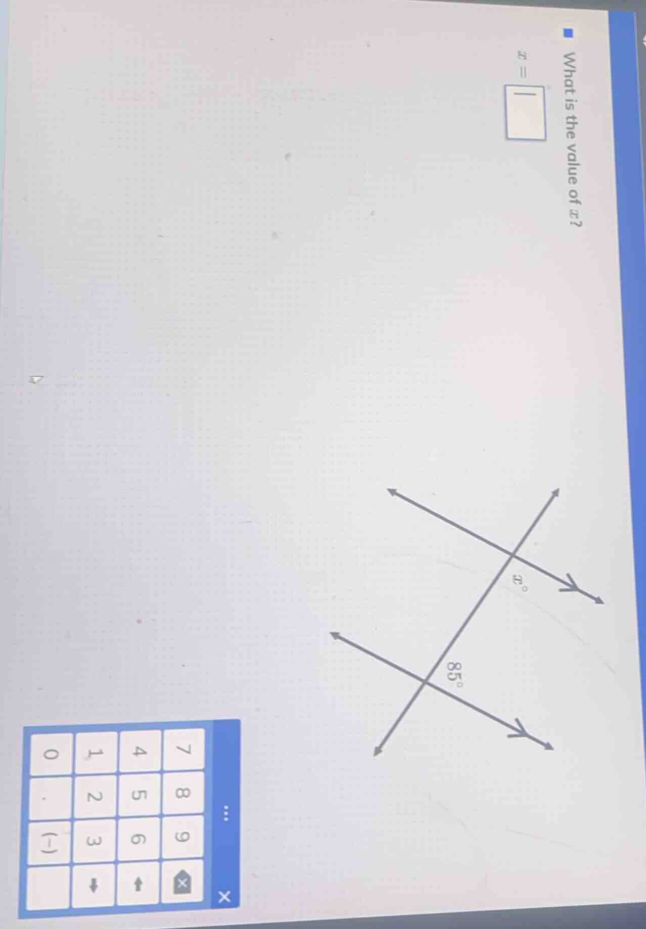 what is the value of x? x = (there is a diagram of intersecting lines w…