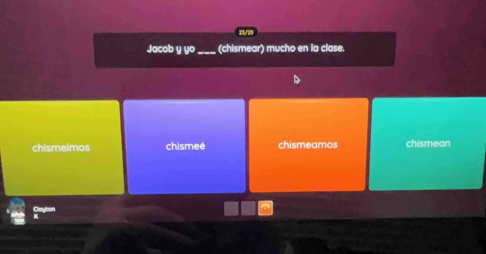 jacob y yo ____ (chismear) mucho en la clase. options: chismeimos, chis…