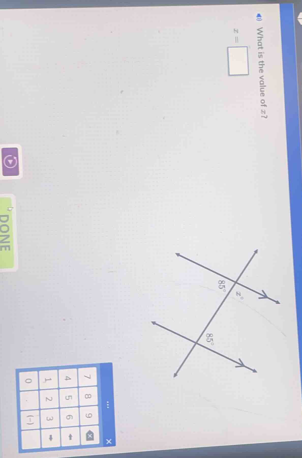 what is the value of x? x = \\square (there is a diagram with intersect…