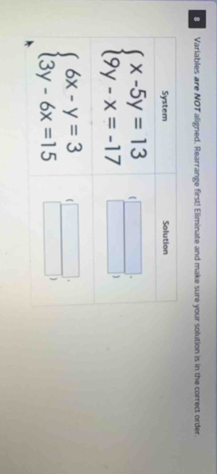 variables are not aligned. rearrange first! eliminate and make sure you…