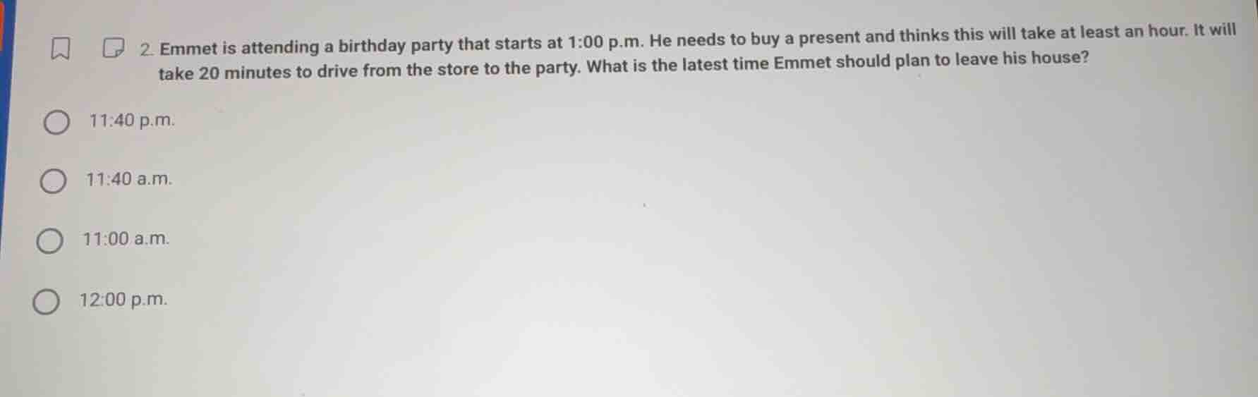 2. emmet is attending a birthday party that starts at 1:00 p.m. he need…