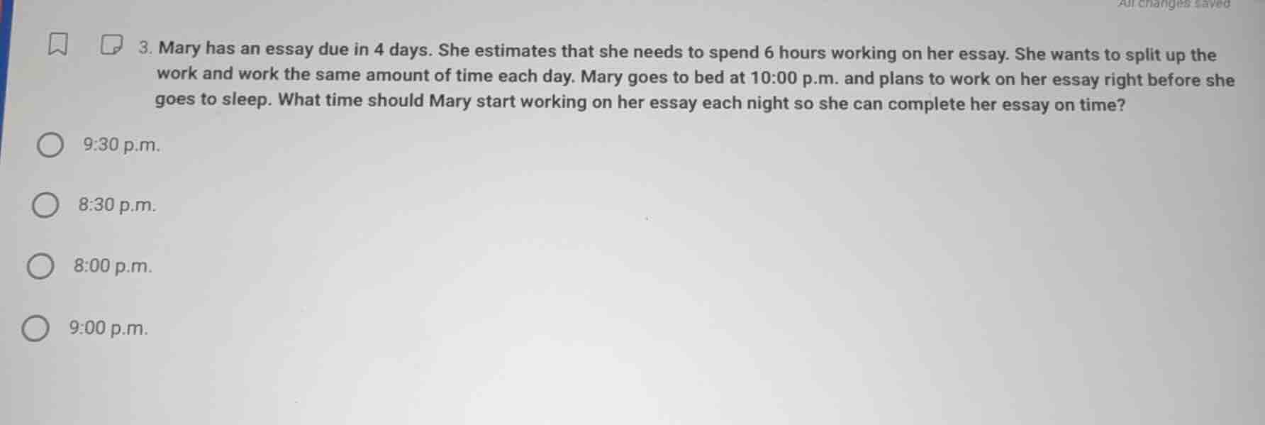 3. mary has an essay due in 4 days. she estimates that she needs to spe…