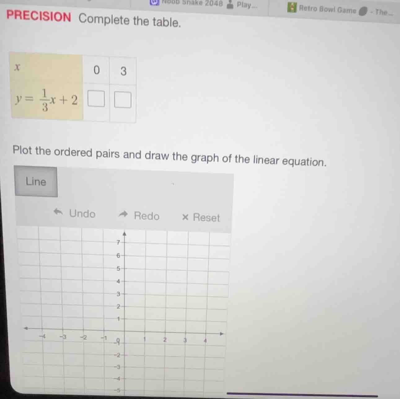 precision complete the table. x | 0 | 3 $y = \\frac{1}{3}x + 2$ | $\\sq…