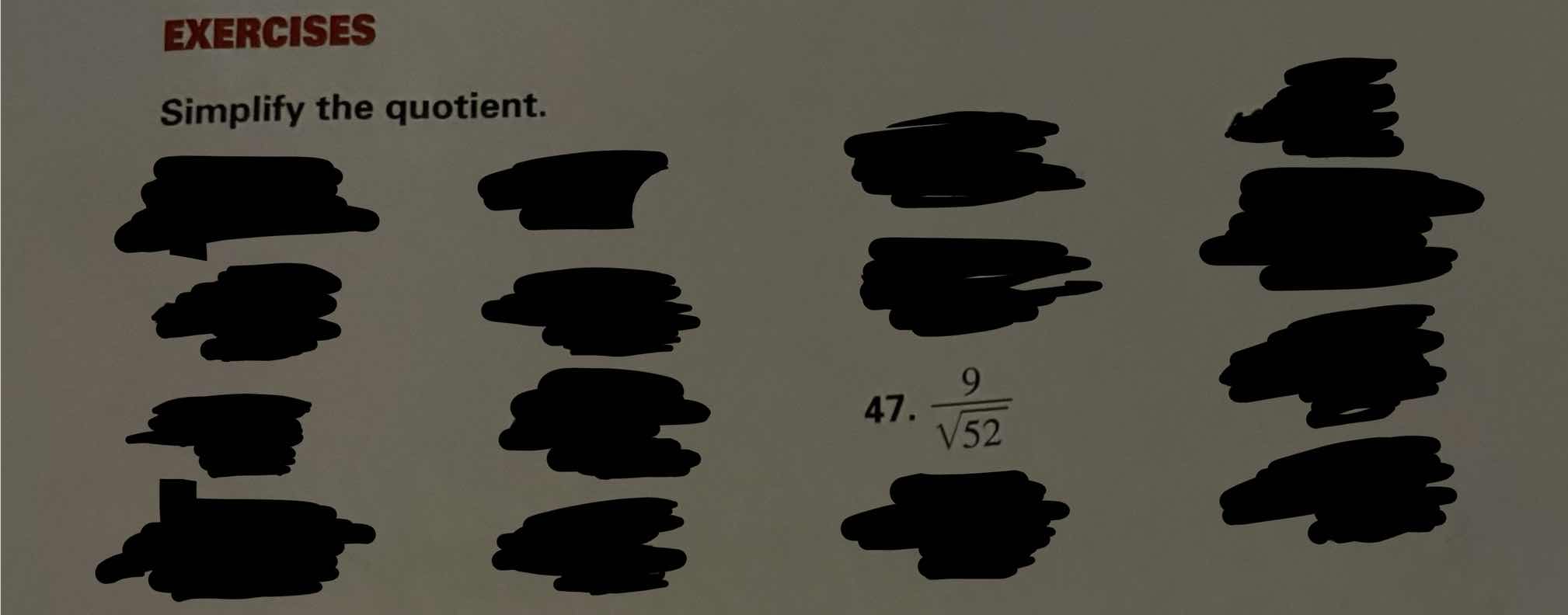 exercises simplify the quotient. 47. \\(\\frac{9}{\\sqrt{52}}\\)