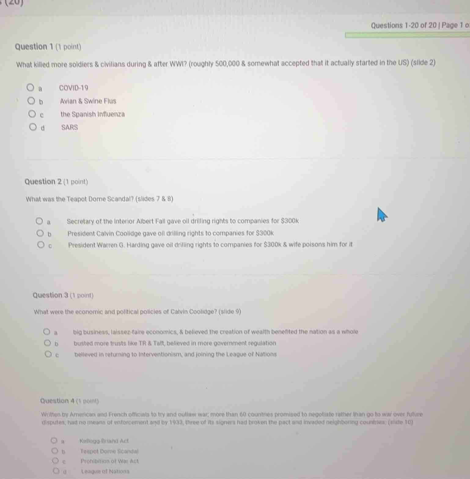 questions 1-20 of 20 | page 1 o question 1 (1 point) what killed more s…