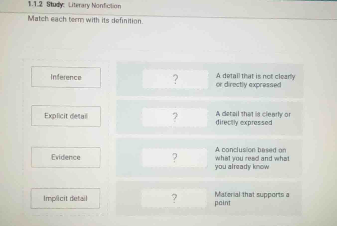 1.1.2 study: literary nonfiction match each term with its definition. i…