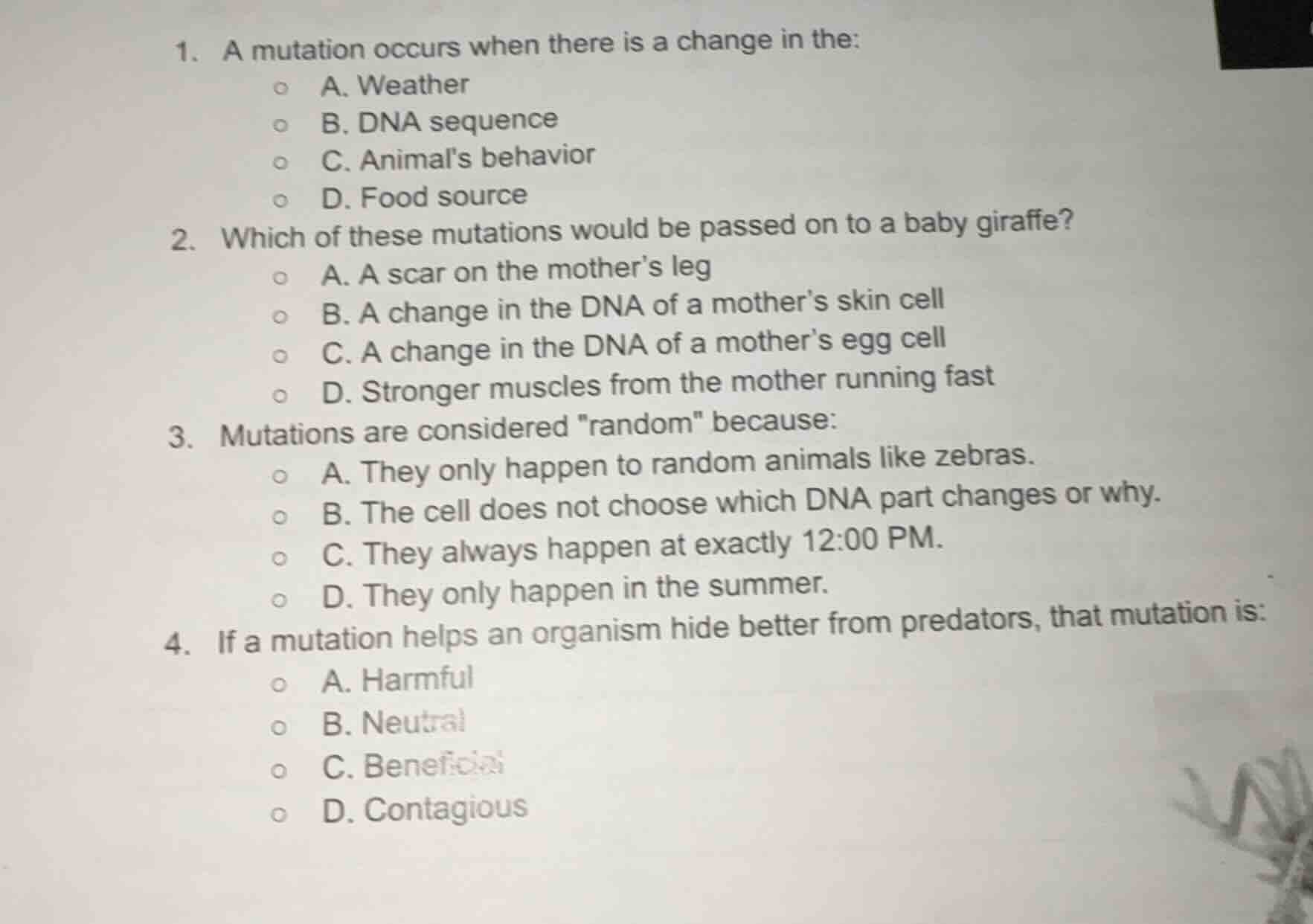 1. a mutation occurs when there is a change in the: a. weather b. dna s…