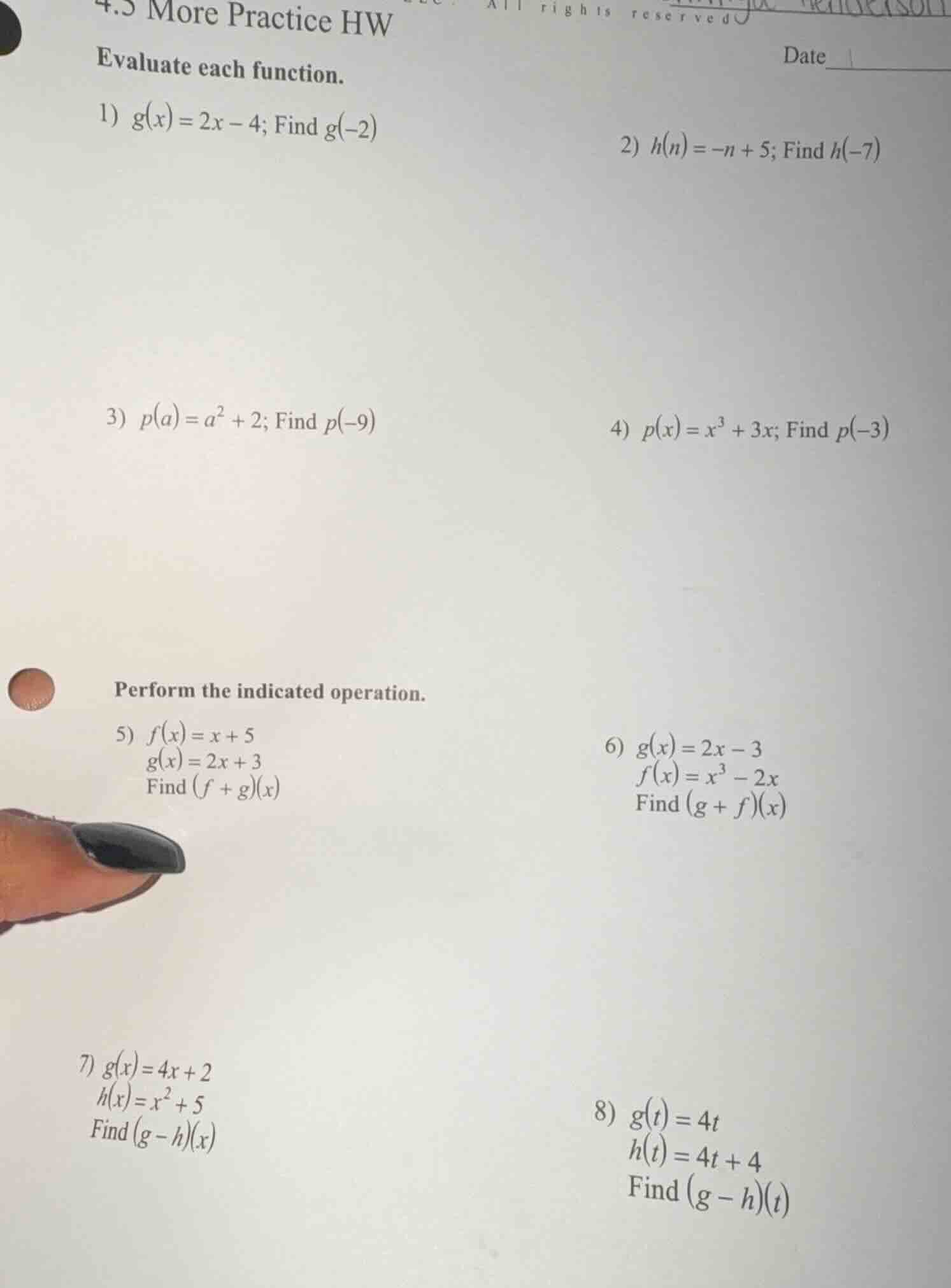 4.5 more practice hw evaluate each function. 1) $g(x) = 2x - 4$; find $…