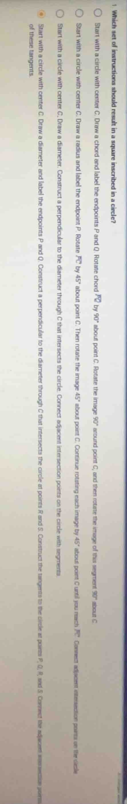 1 which set of instructions should result in a square inscribed in a ci…