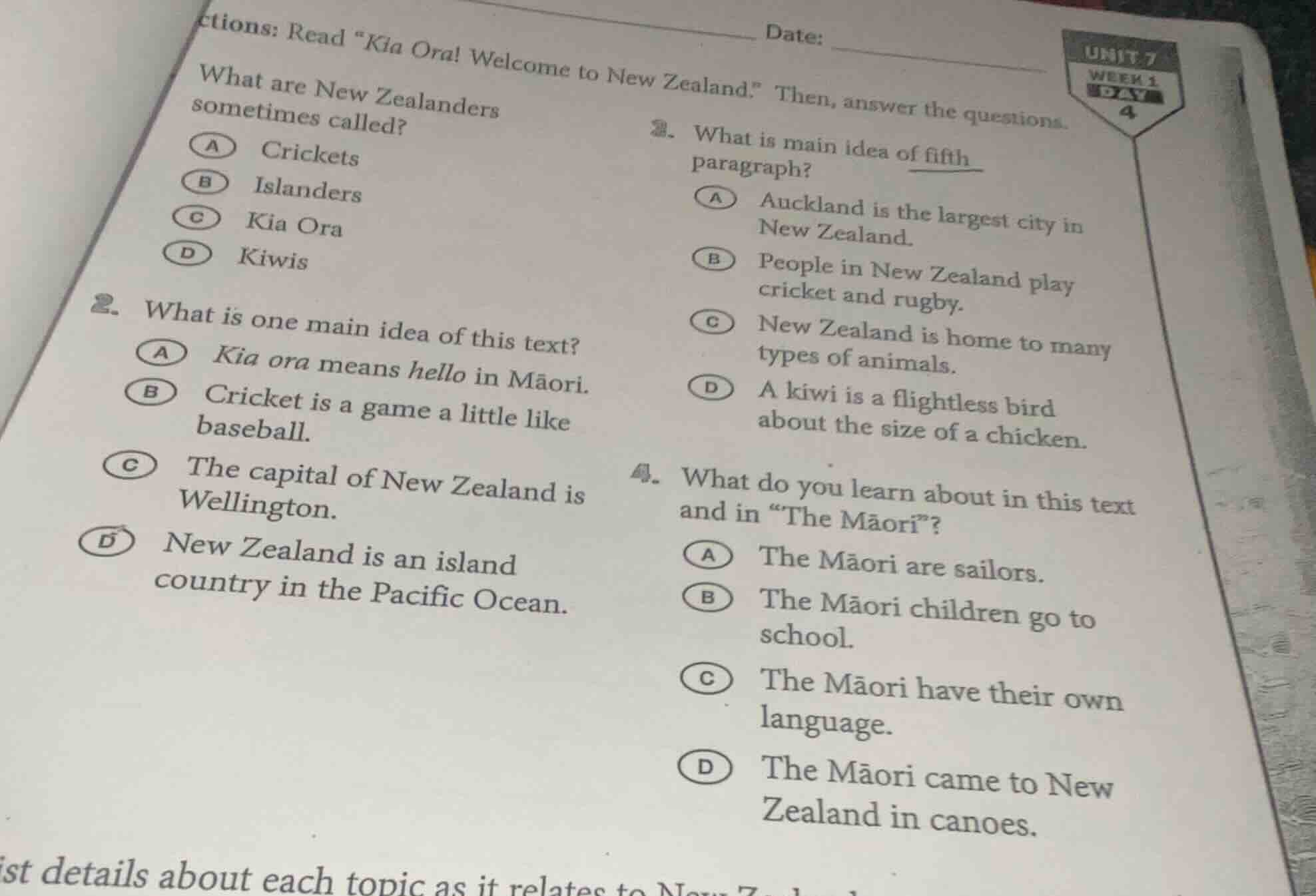 ctions: read \kia ora! welcome to new zealand.\ then, answer the questi…