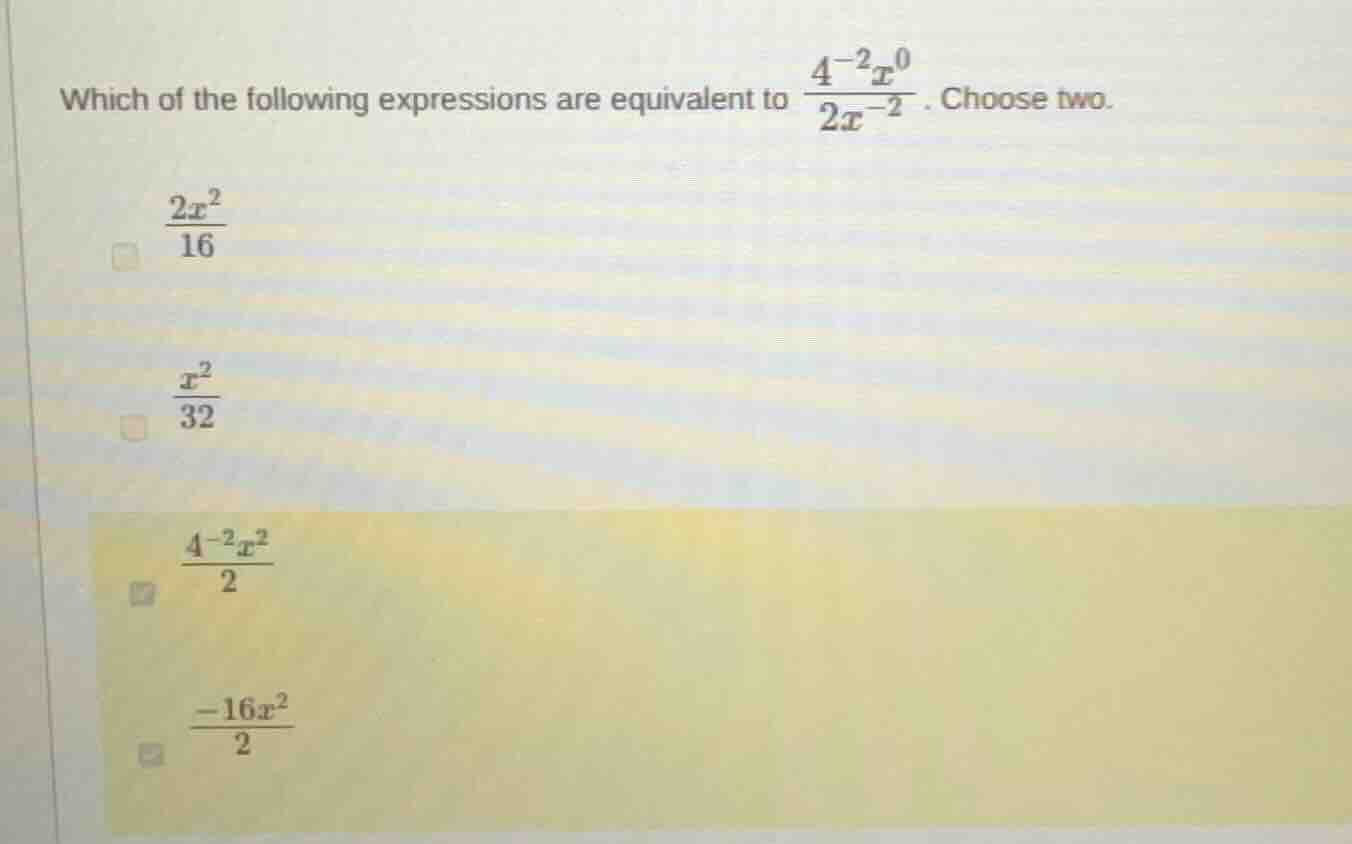 which of the following expressions are equivalent to \\(\\frac{4^{-2}x^…