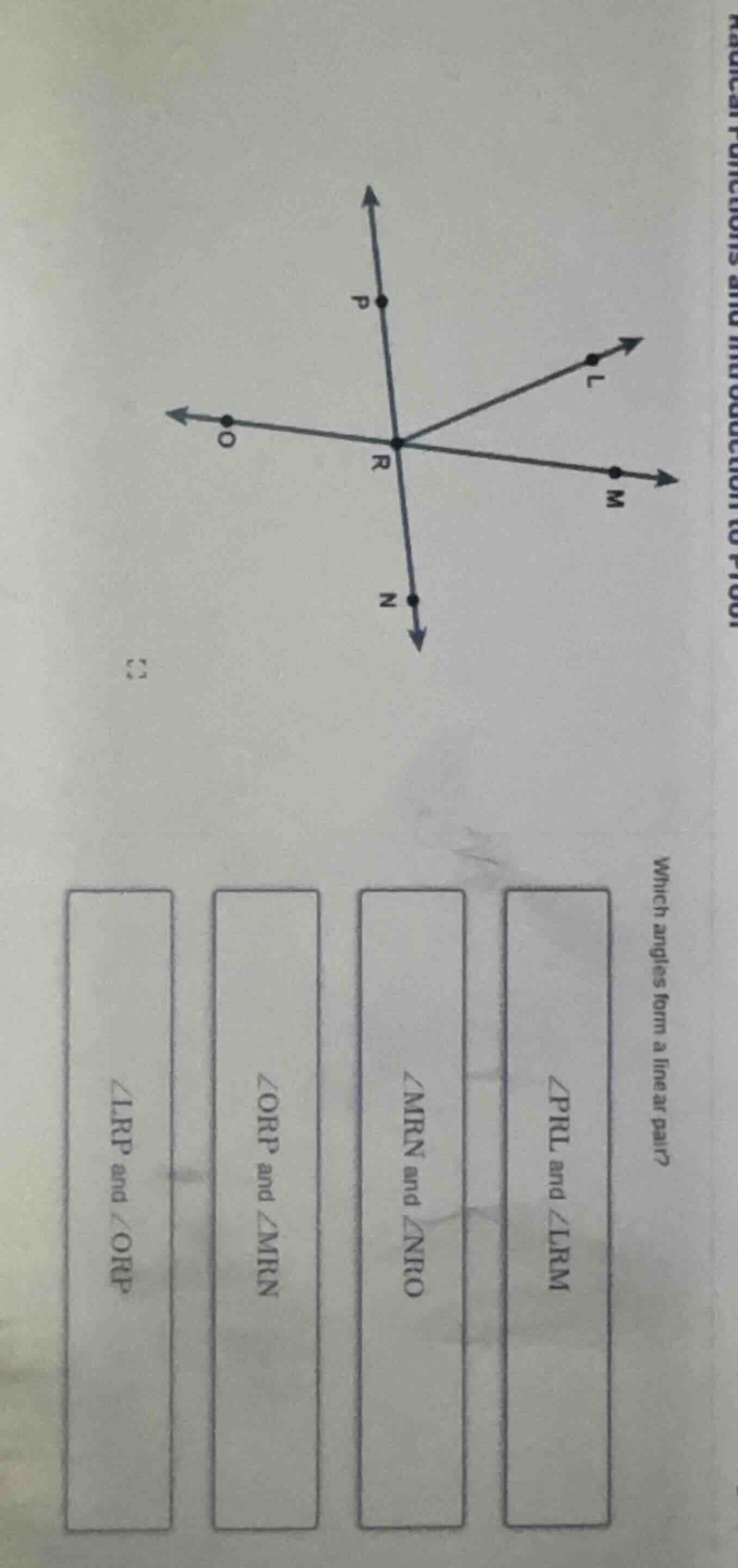 which angles form a linear pair? \\(\\angle prl\\) and \\(\\angle lrm\\…