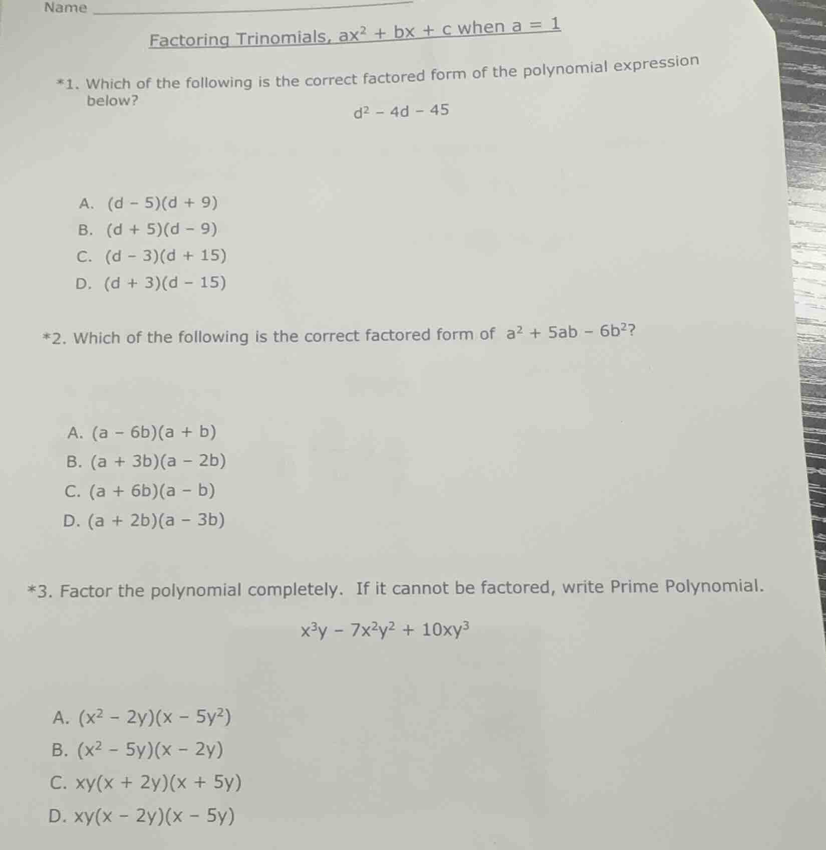 name factoring trinomials, $ax^2 + bx + c$ when $a = 1$ *1. which of th…