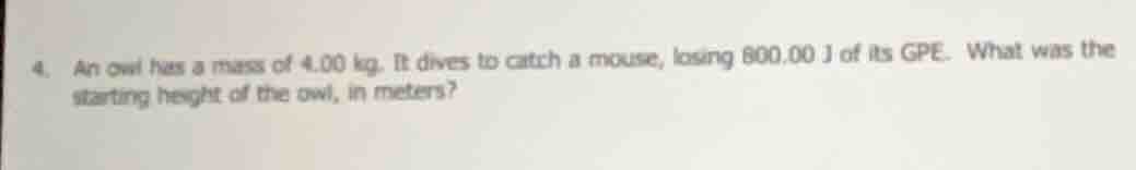 4. an owl has a mass of 4.00 kg. it dives to catch a mouse, losing 800.…