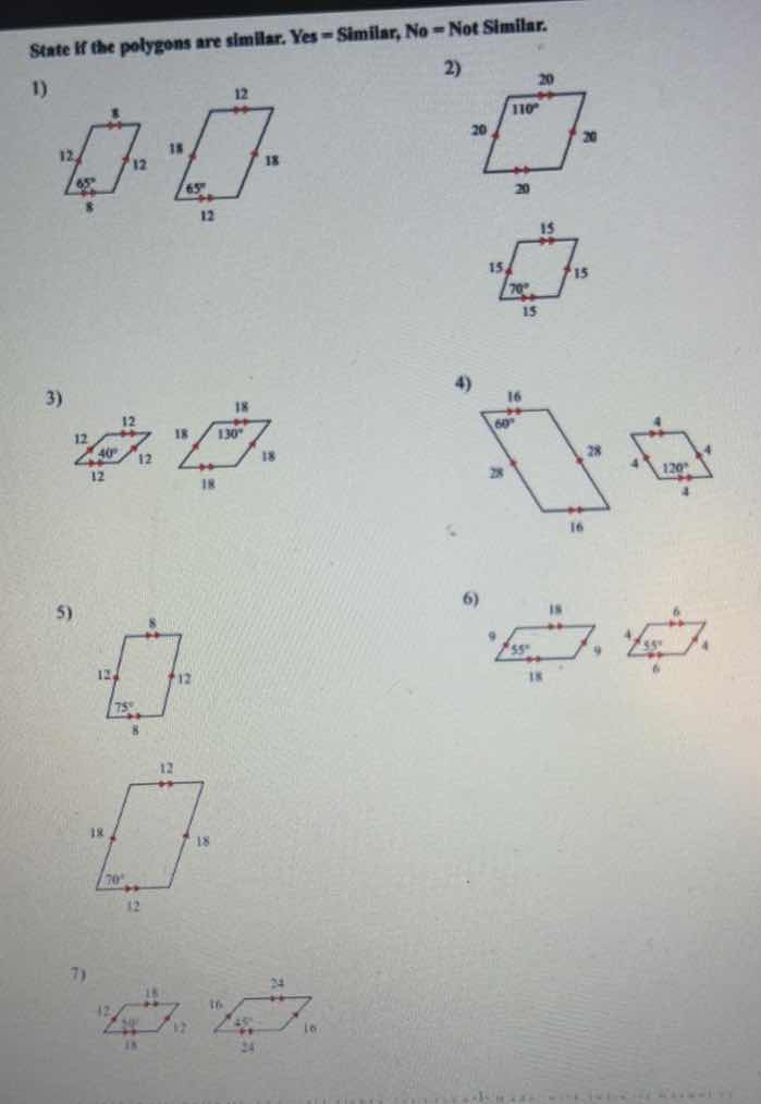 state if the polygons are similar. yes = similar, no = not similar. 1) …