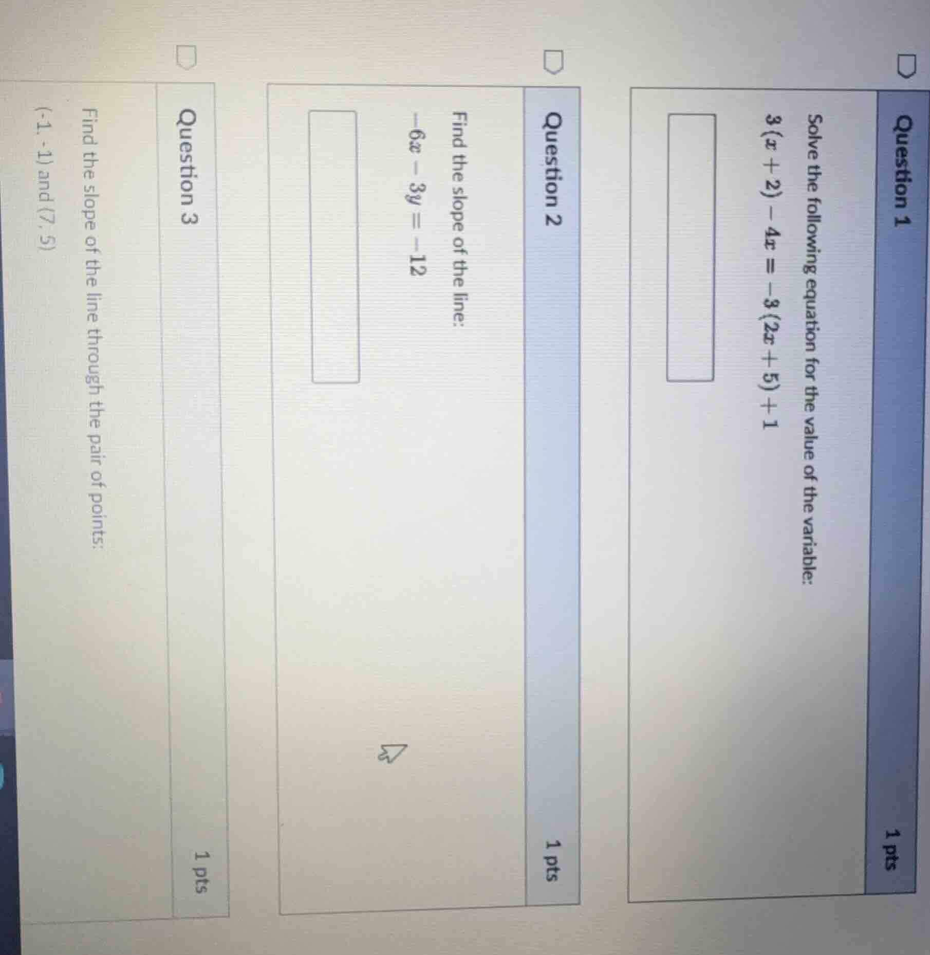 question 1 solve the following equation for the value of the variable: …