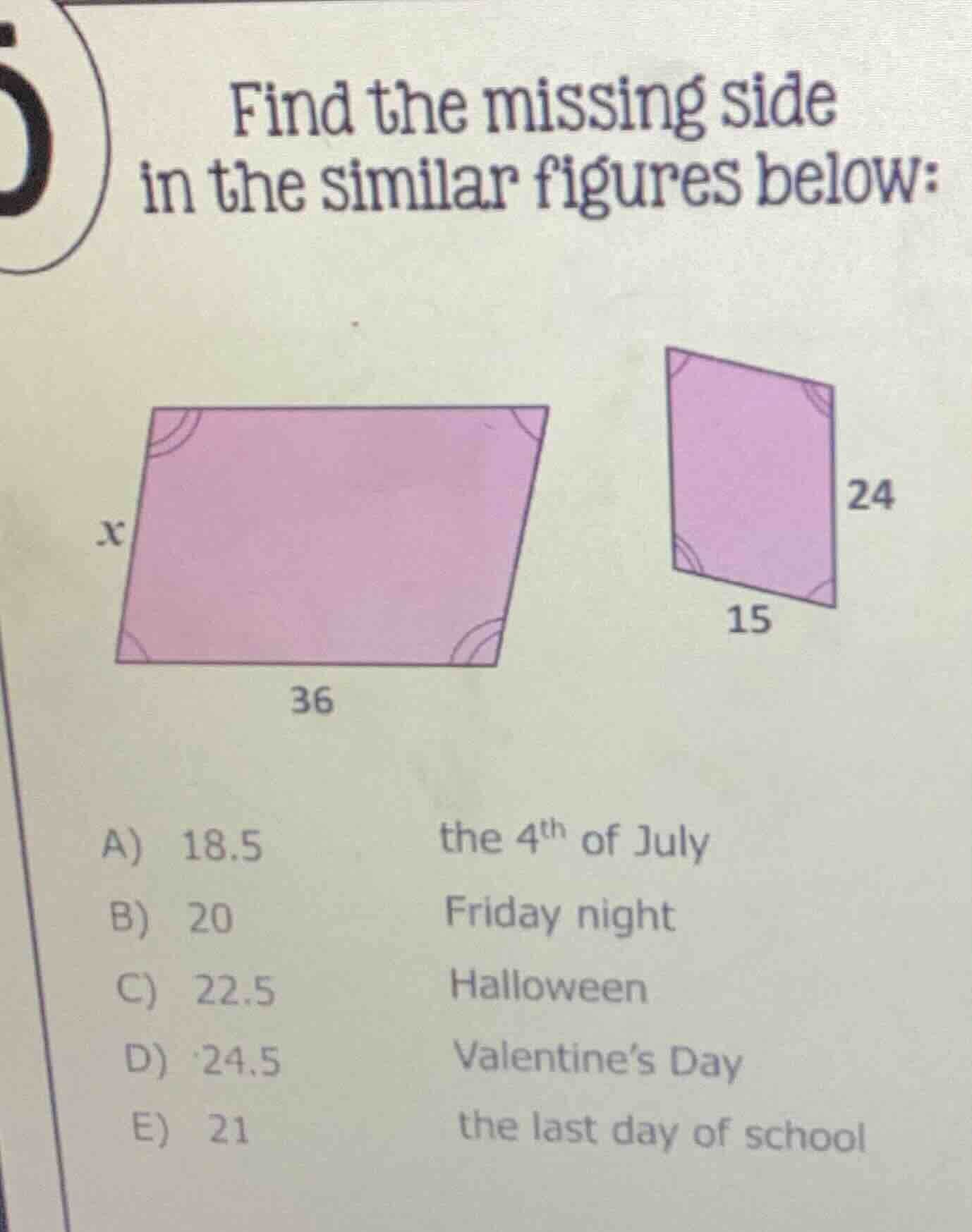 find the missing side in the similar figures below: two similar paralle…