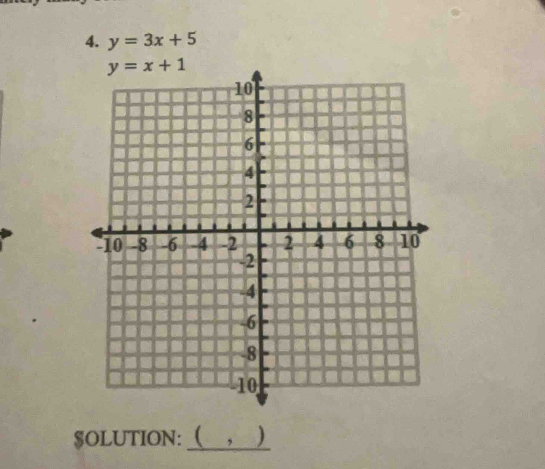 4. $y = 3x + 5$ $y = x + 1$ solution: $\\underline{(\\quad,\\quad)}$