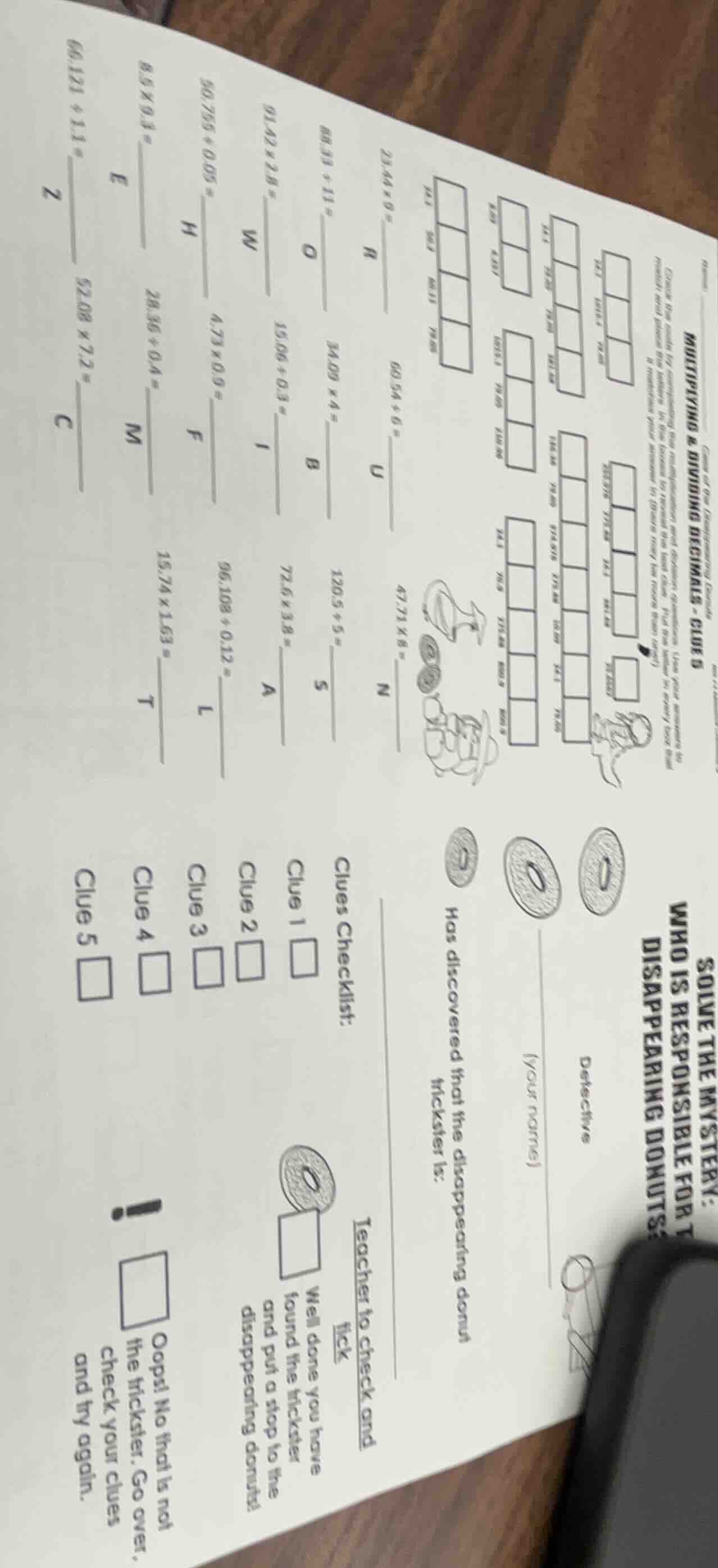 multiplying & dividing decimals - clue b choose the number for each bla…
