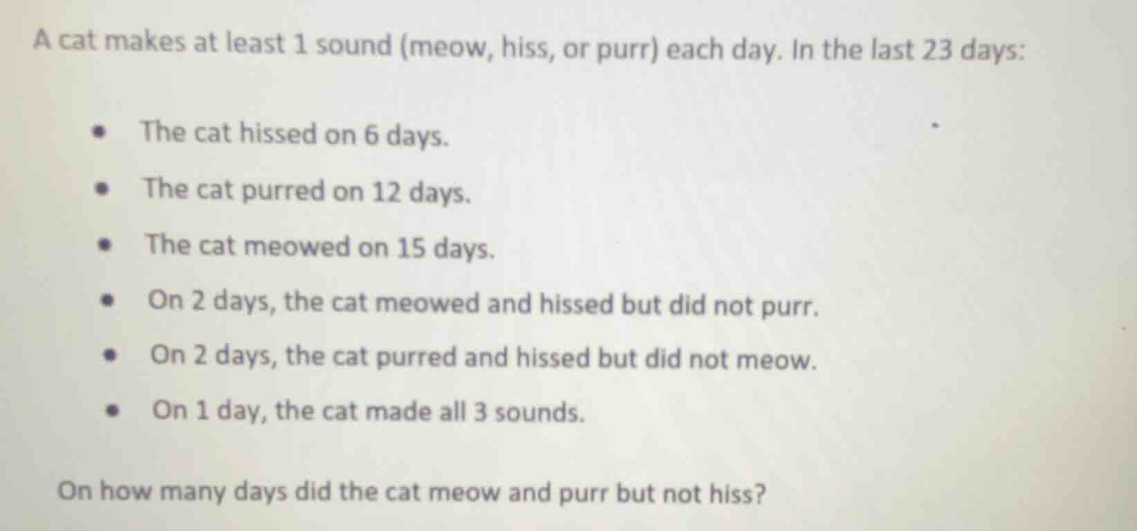 a cat makes at least 1 sound (meow, hiss, or purr) each day. in the las…