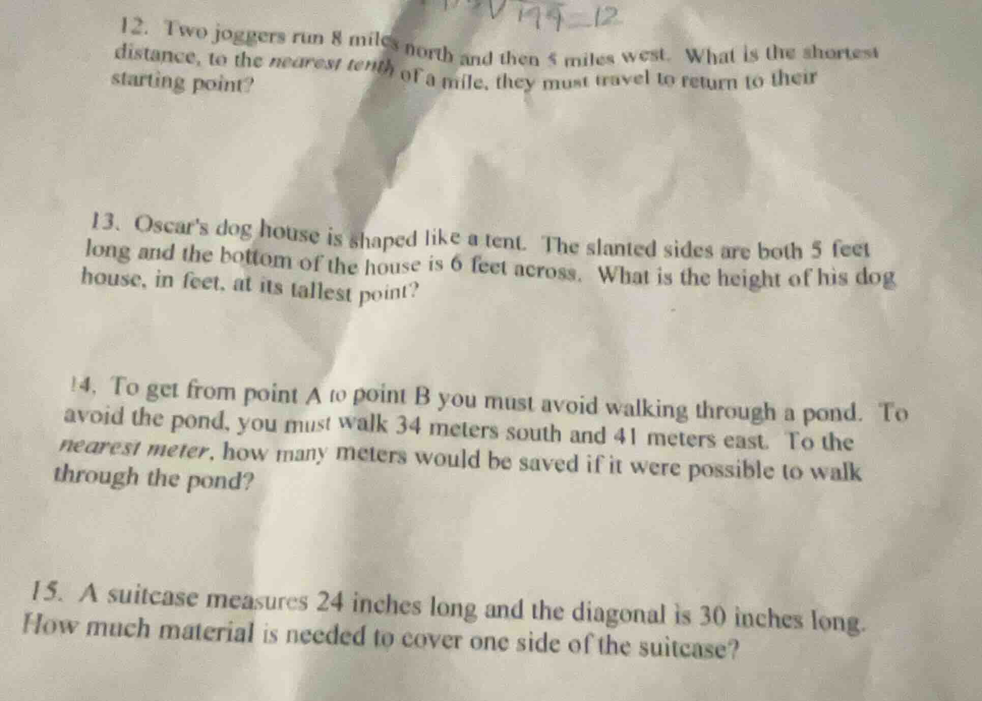 12. two joggers run 8 miles north and then 5 miles west. what is the sh…