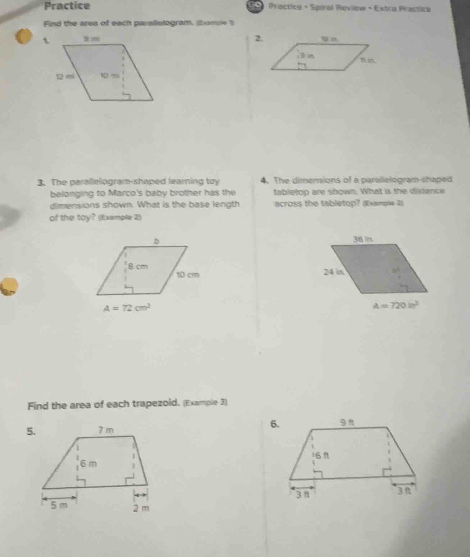 practice find the area of each parallelogram. (example 1) 1. 2. 3. the …