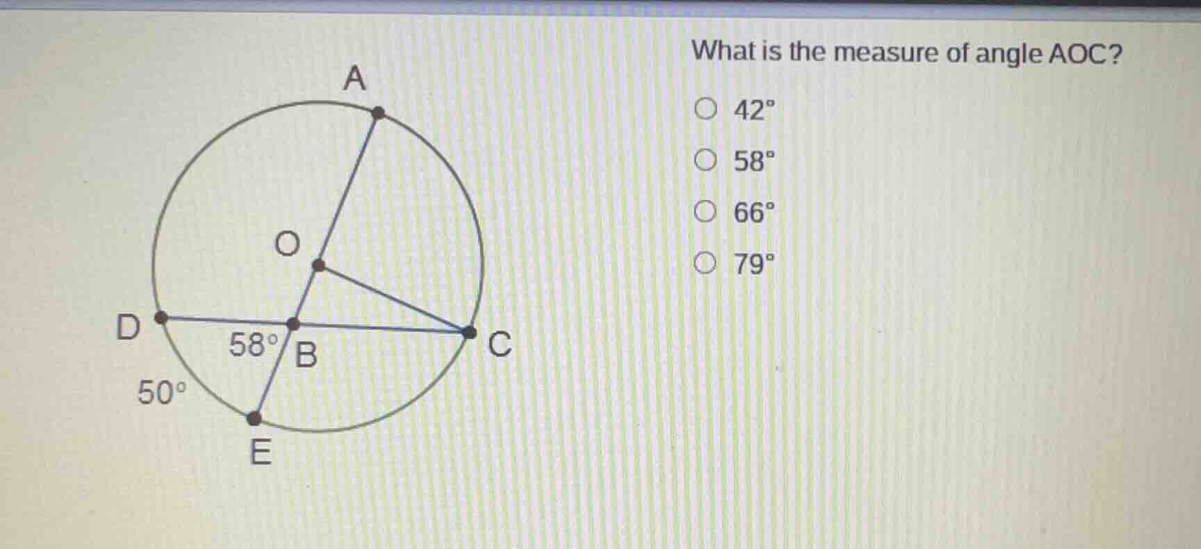 what is the measure of angle aoc? 42° 58° 66° 79° (with a circle diagra…