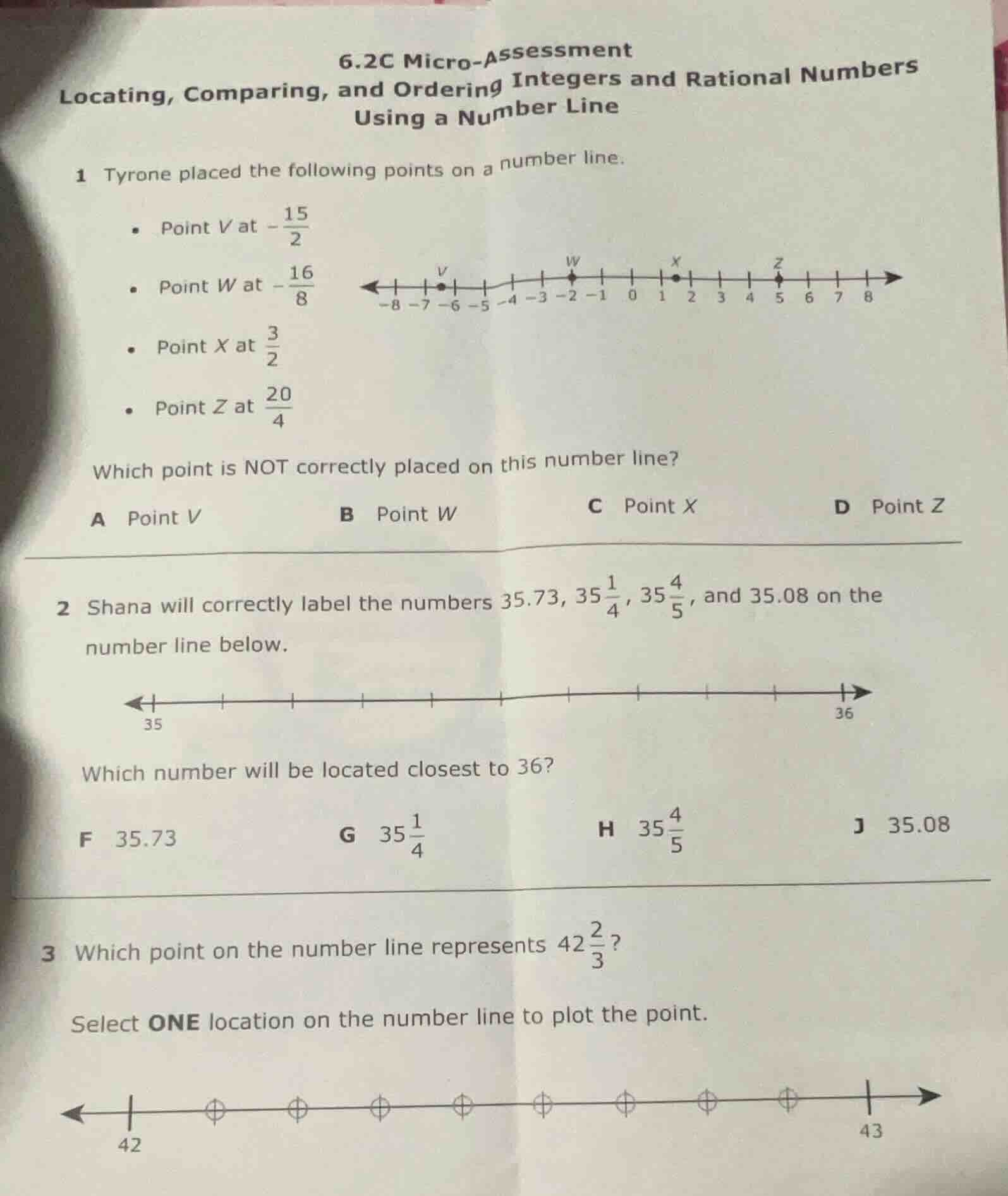 6.2c micro - assessment locating, comparing, and ordering integers and …