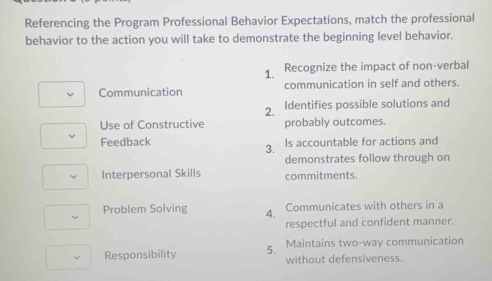 referencing the program professional behavior expectations, match the p…