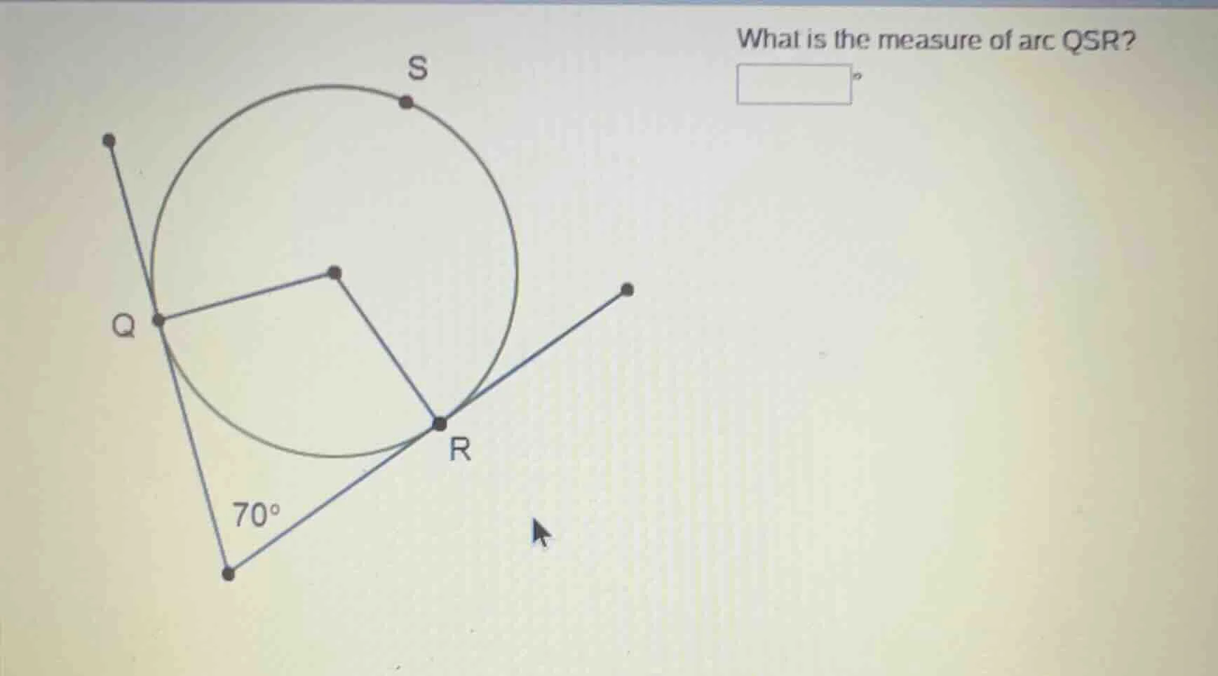 what is the measure of arc qsr? diagram of a circle with center, points…