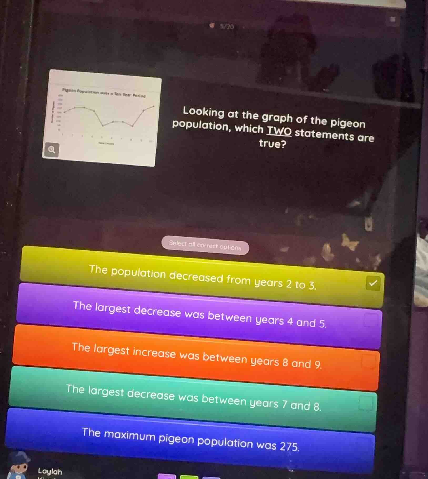 looking at the graph of the pigeon population, which two statements are…