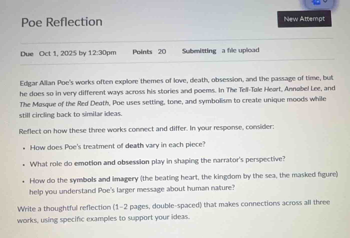 poe reflection due oct 1, 2025 by 12:30pm points 20 submitting a file u…