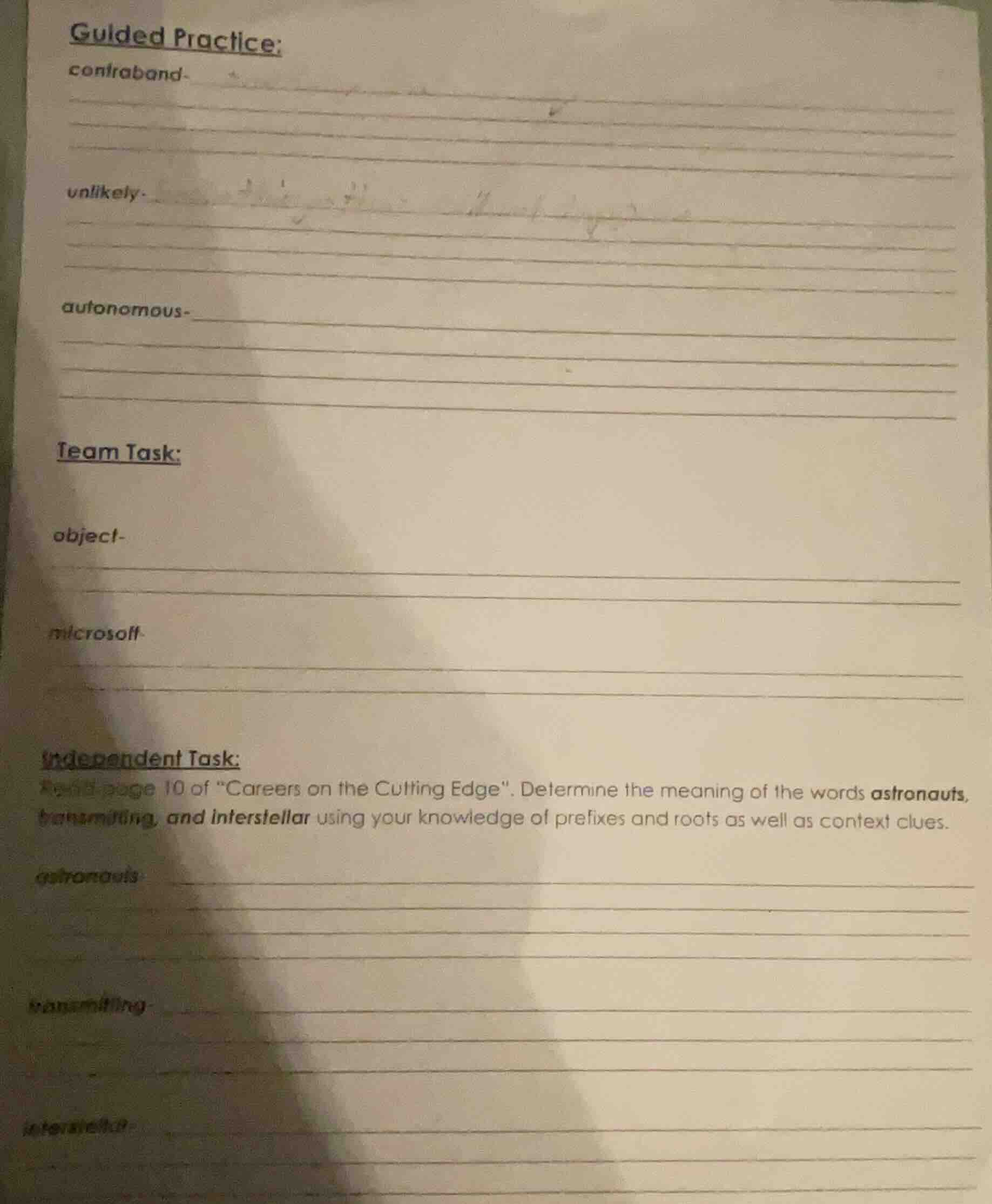 guided practice: contraband- unlikely- autonomous- team task: object- m…