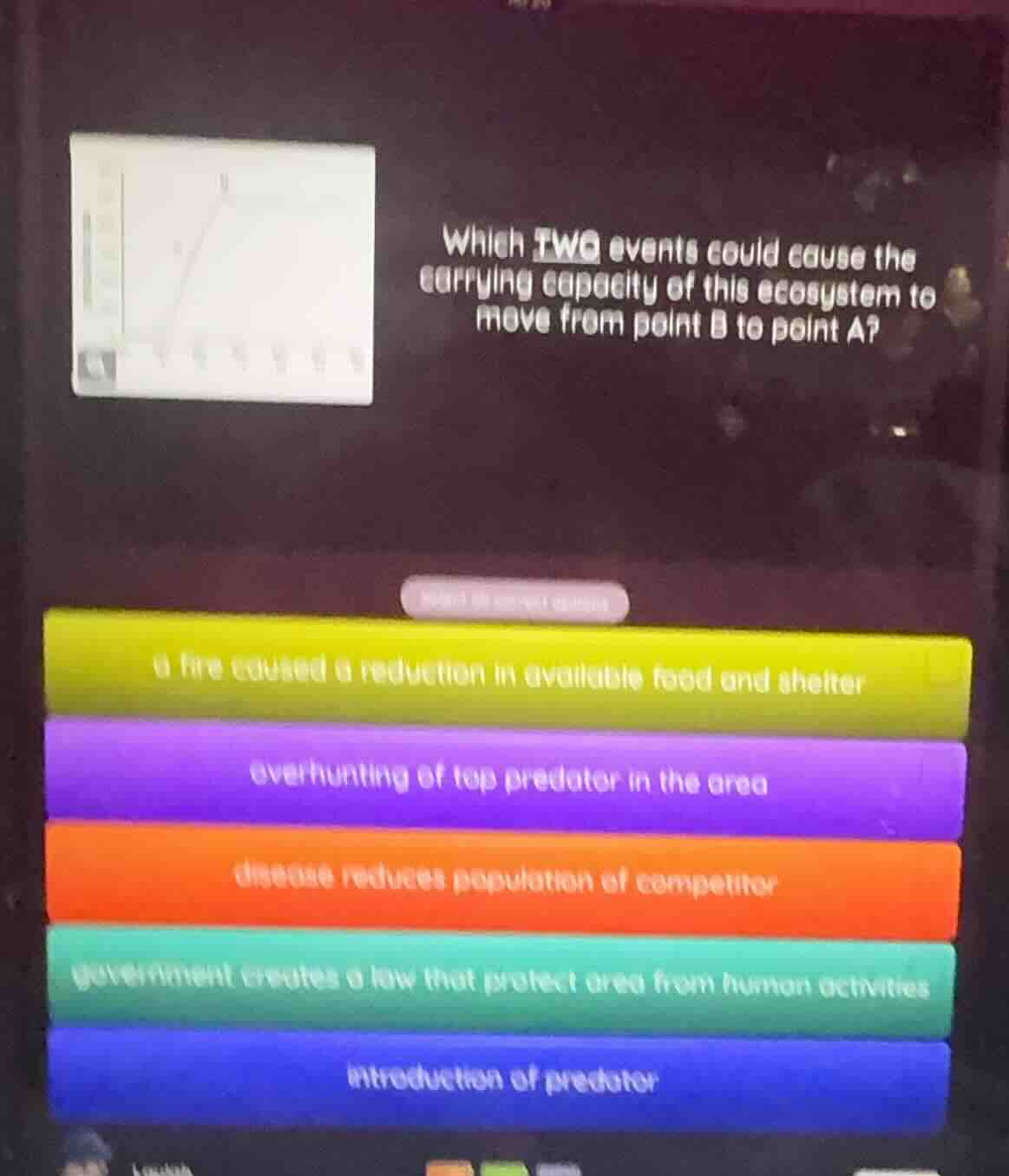 which two events could cause the carrying capacity of this ecosystem to…