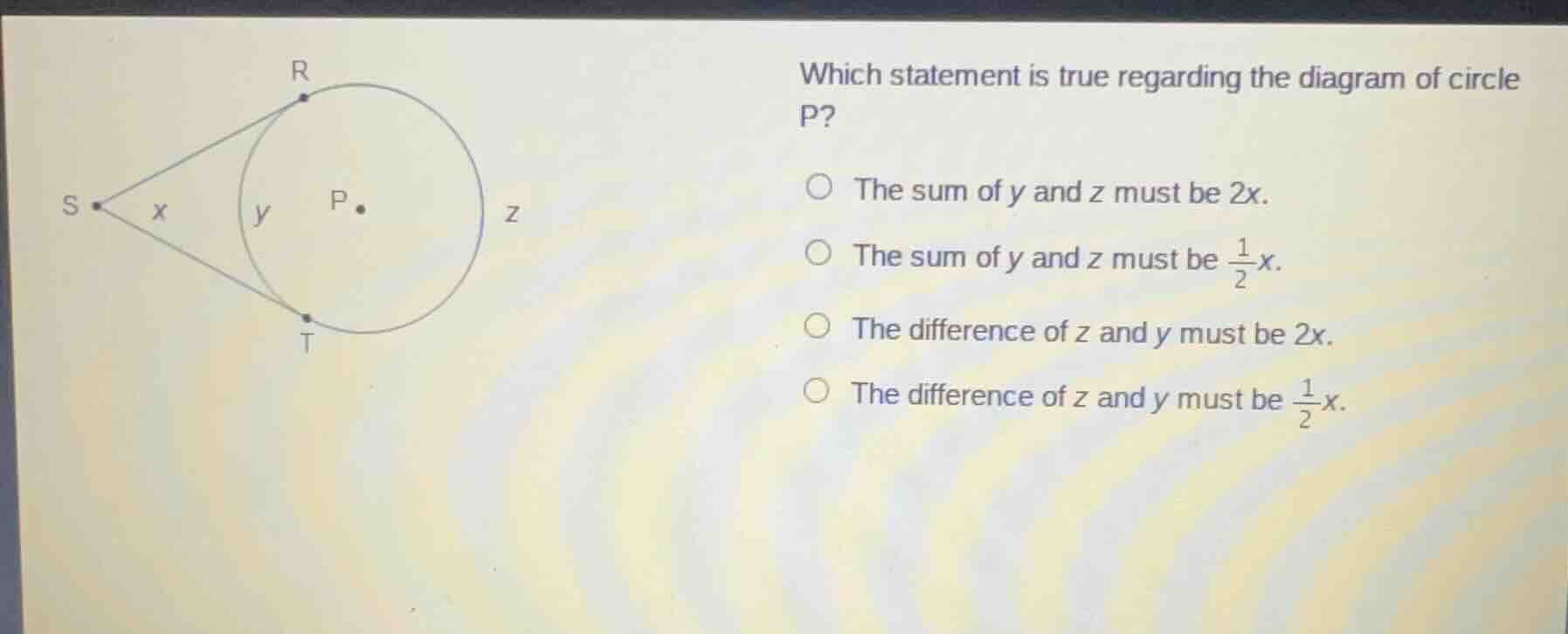 which statement is true regarding the diagram of circle p? the sum of y…