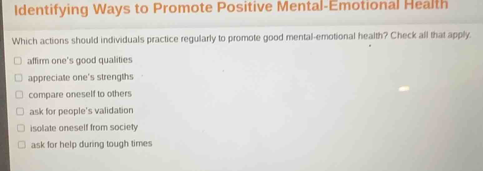 identifying ways to promote positive mental-emotional health which acti…