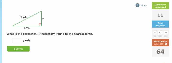 9 yd, 8 yd, a (right triangle). what is the perimeter? if necessary, ro…