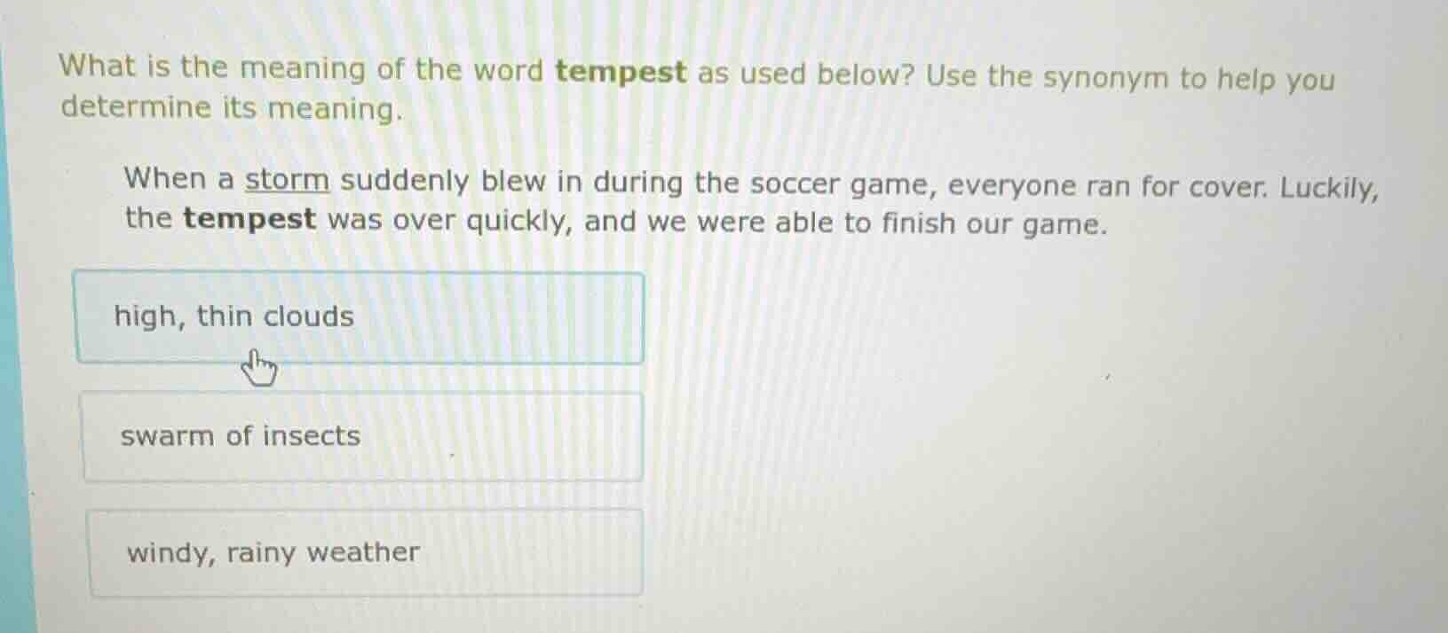 what is the meaning of the word tempest as used below? use the synonym …