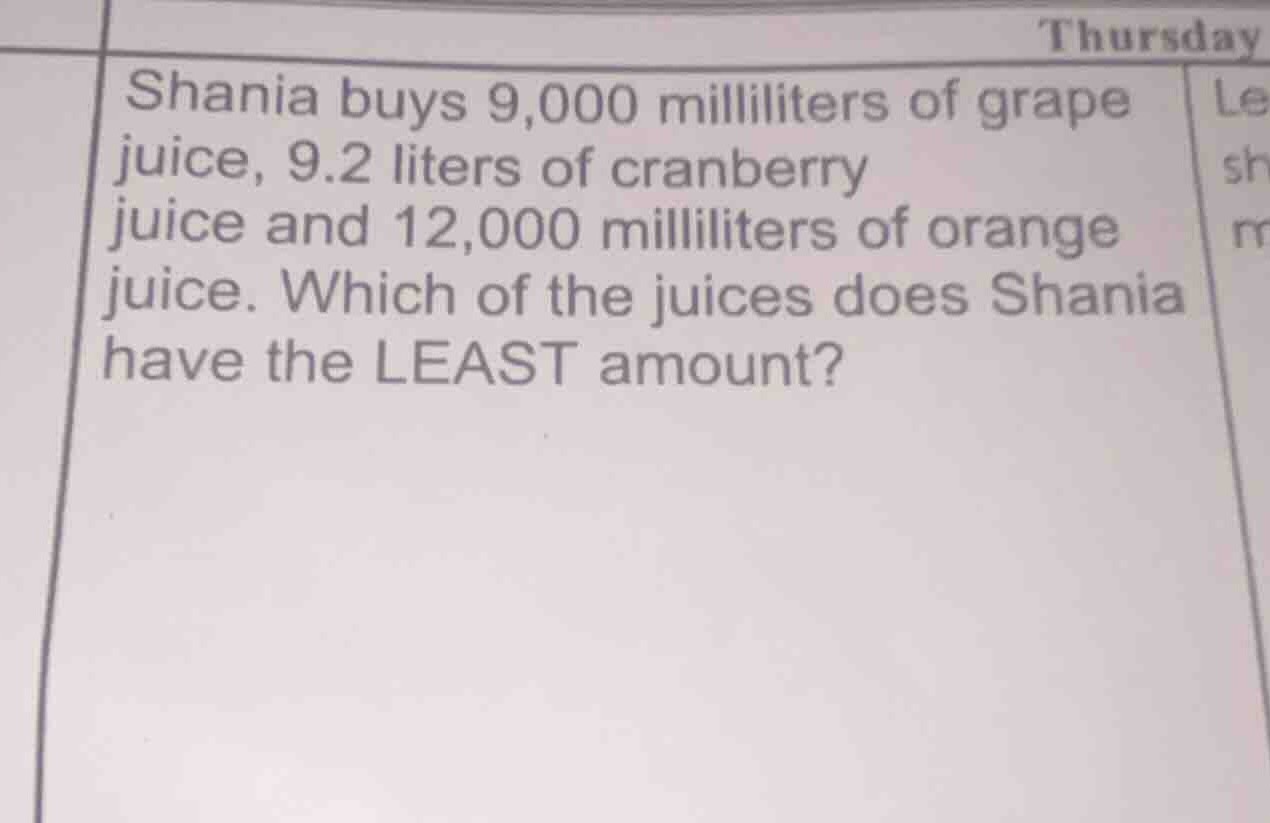 shania buys 9,000 milliliters of grape juice, 9.2 liters of cranberry j…