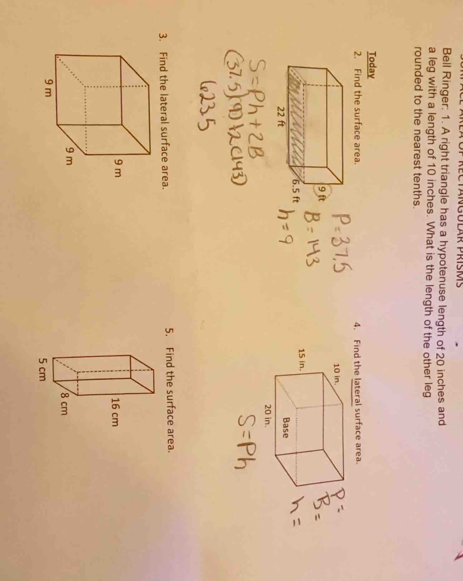 surface area of rectangular prisms bell ringer: 1. a right triangle has…