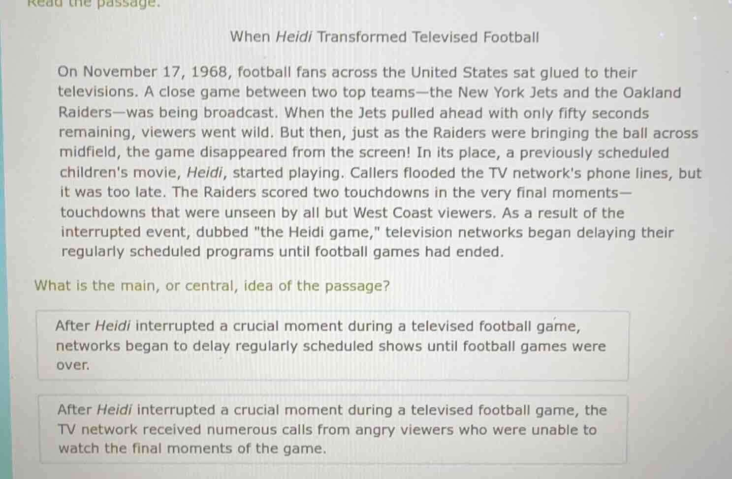 read the passage. when heidi transformed televised football on november…