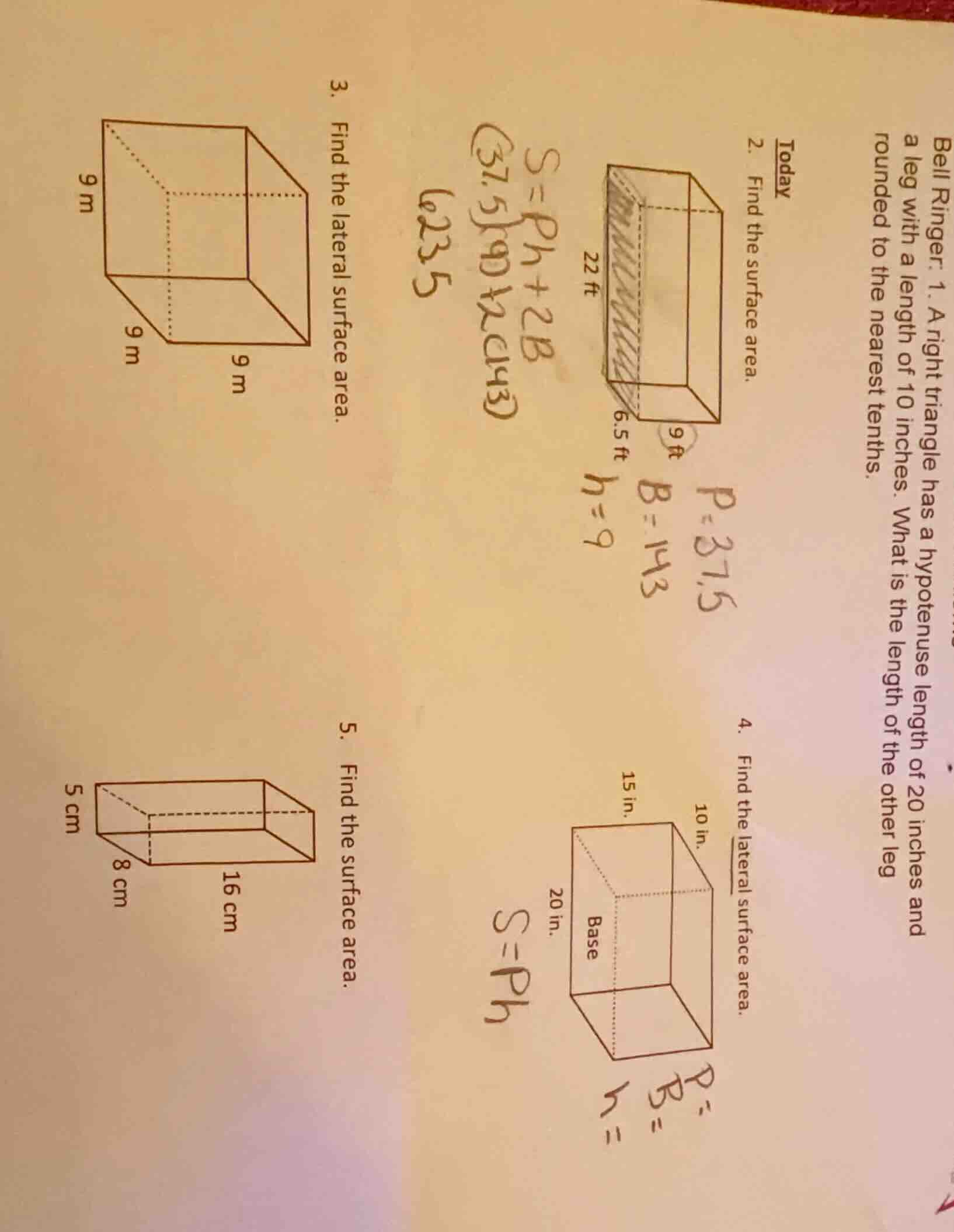 bell ringer: 1. a right triangle has a hypotenuse length of 20 inches a…